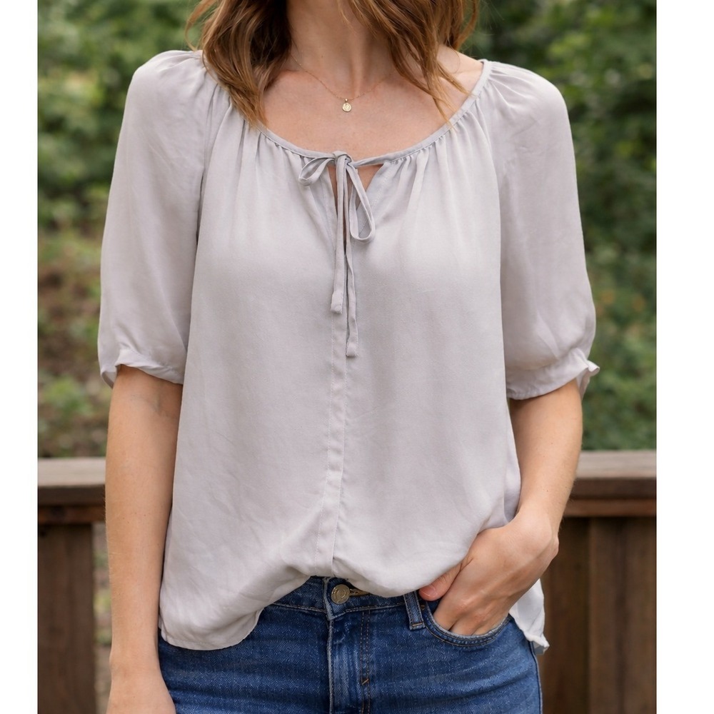 Joie‎ 100% Silk Tie Neck Blouse Womens Medium Ivory Short Sleeve Top